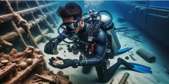 Underwater archaeologist recovering a coin